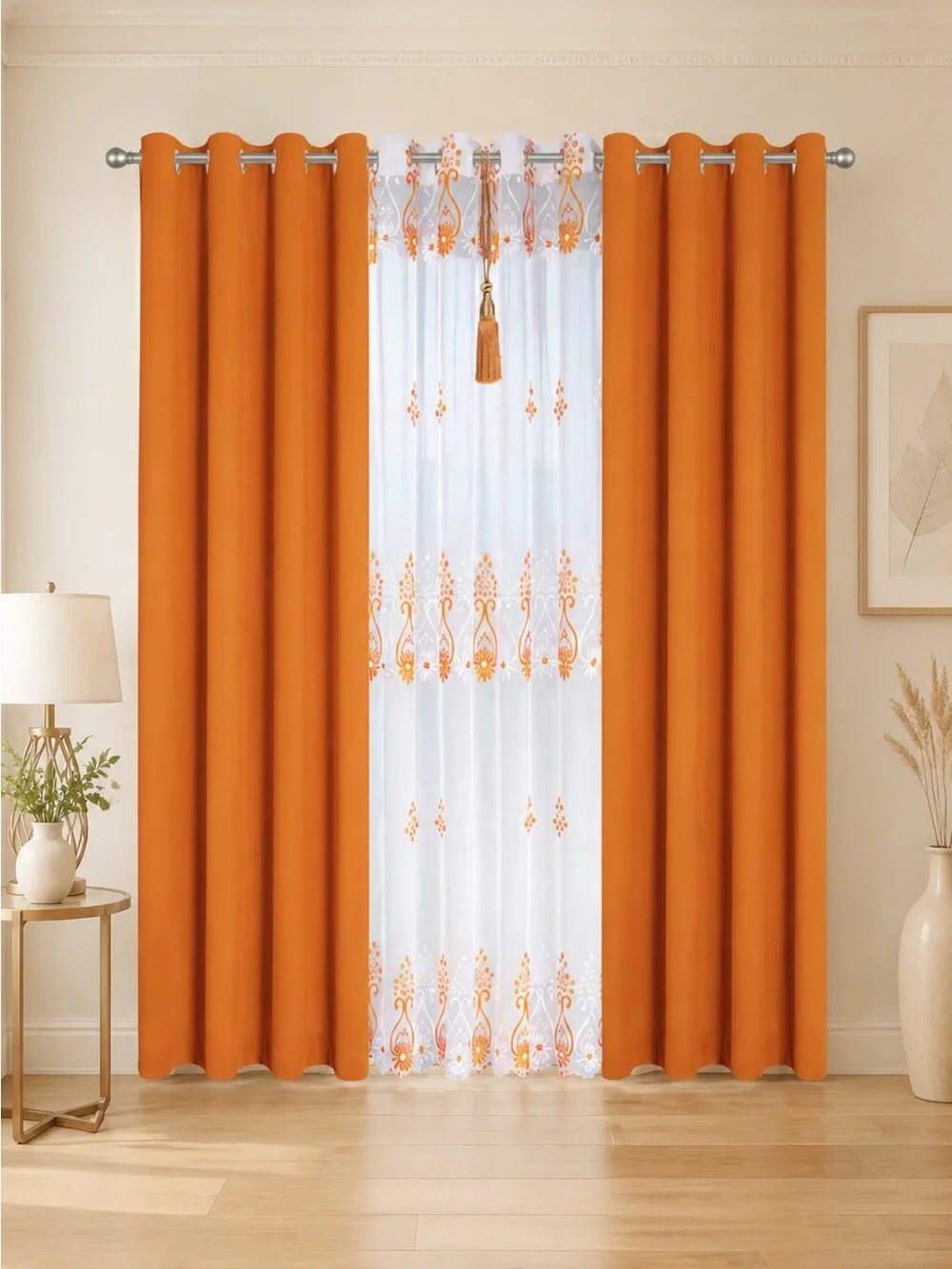 Home Accents Orange Grommet Curtain Panel Set with Embroidered White Sheer
